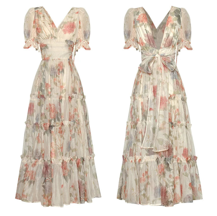 Casey Bohemian Floral Print Ruched Cascading Ruffle Lace Up Backless Dress