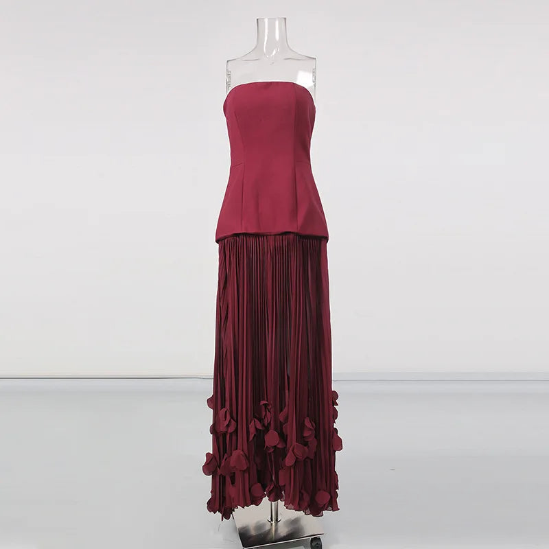Josefa Banquet Strapless Maxi Dress 3D Floral Pleated Train Hem Luxury Gown
