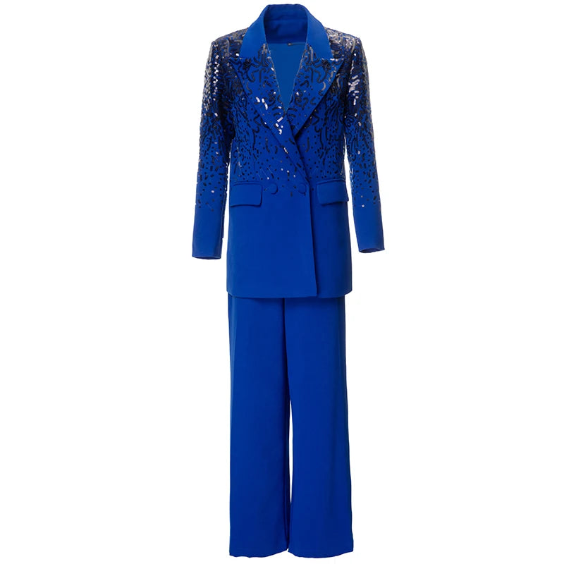 Delola Office Lady Suit Collar Long-Sleeved Sequin Suit Jacket+Wide Leg Pants 2-Piece Set