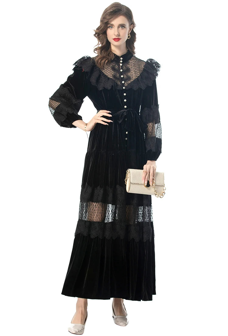 Kamari Stand Collar Lantern Sleeved High Waist Lace-Up Vintage Evening Dress