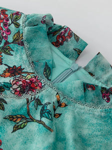 Monroe Stand Collar Flare Sleeve Ruffle Flower Print Vintage Dress