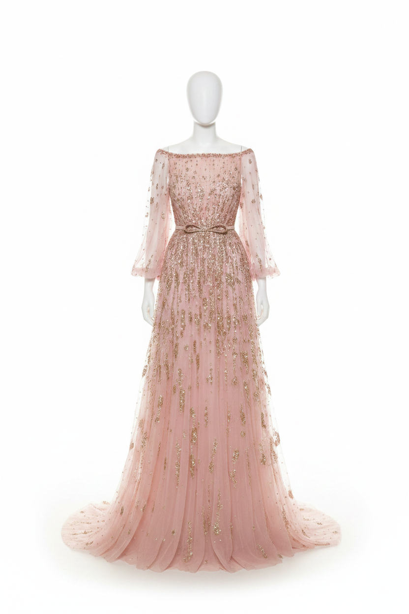 Mikey Blush Tulle Off-the-Shoulder Evening Dress Puff Sleeve Gown