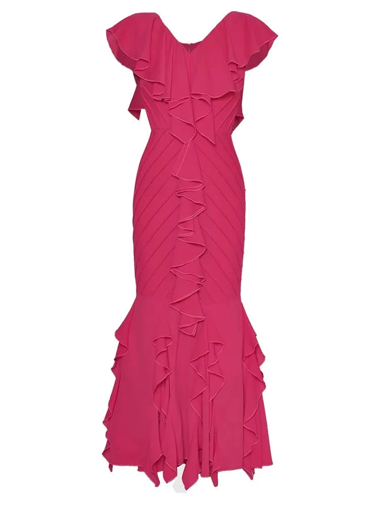 Myla V-Ausschnitt Schmetterlingsärmel Volltonfarbe Elegantes Party Meerjungfrauenkleid