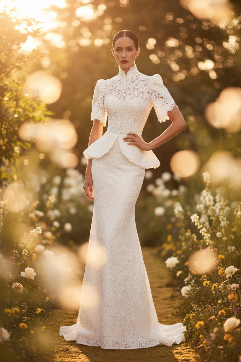 Rebecca Customized High Neck Short Sleeve Prom Dress Floor-Length Dress