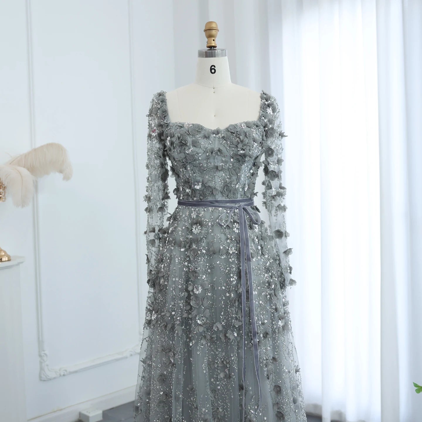 Luxury 3D Floral Gray Long Sleeves Evening Dress