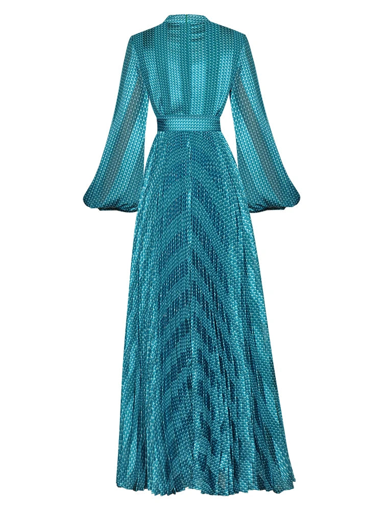 Ladia Chiffon Plaid Printed V-Neck Lace-Up Tie Pleated Large-Hem Dress