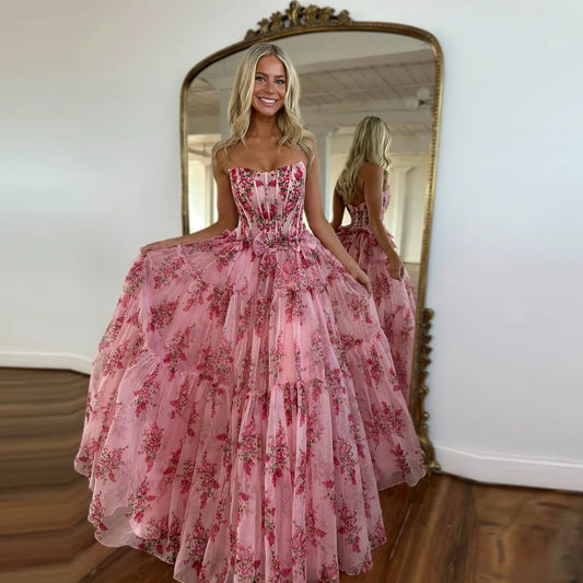 Loralie Pink Floral Print Chiffon Porm Dress