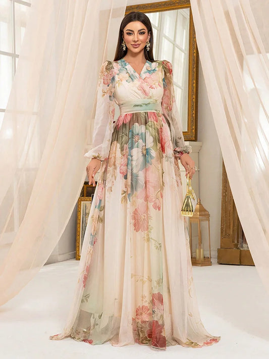 Tilie Cross Fashion Casual V-Neck Lantern Sleeve Flower Print Long Maxi Dress