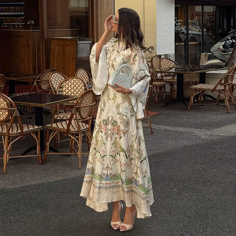 Fiona Floral Print Button Down Mock Neck Maxi Long Lantern Sleeve Dress