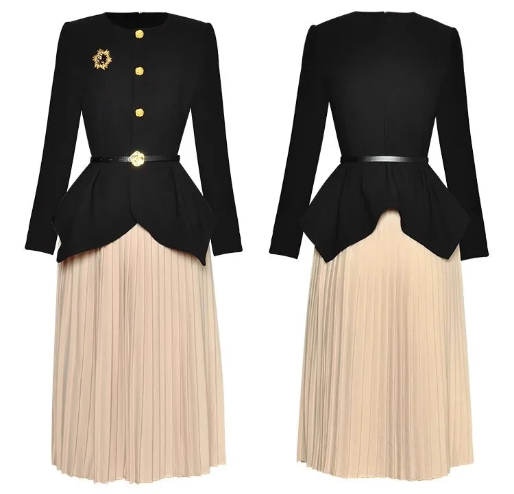 Chana Long Sleeve Belt Crystal Brooch Jacket + Pleated Skirt Office Lady Two-Piece Set