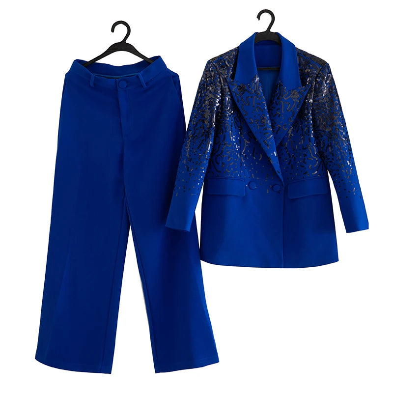 Delola Office Lady Suit Collar Long-Sleeved Sequin Suit Jacket+Wide Leg Pants 2-Piece Set