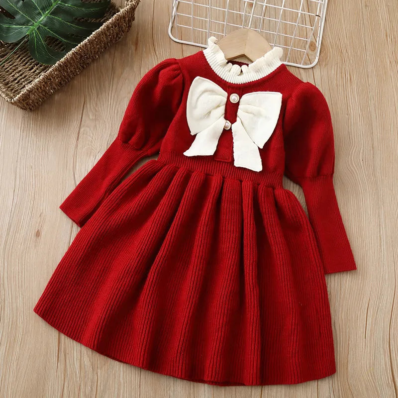 Knitted Jumpsuit Bow Fashion Long Dress for Kids Girls