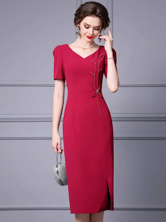 Lorelei V-Neck Short Sleeve Beading  Appliques Office Lady Solid Color Dress