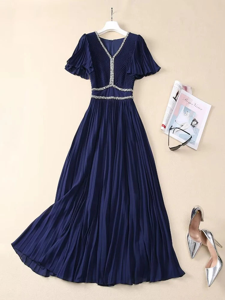 Sawyer  V-Neck Flare Sleeve  Vintage Party Pleated Dress