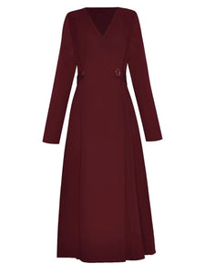 Araya Dress Women V-Neck Long Sleeve Temperament Office Lady Solid Color Midi Dress