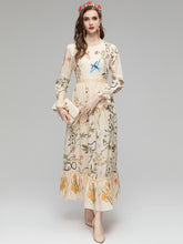 Load image into Gallery viewer, Aniya O-Neck Flare Sleeve Crystal Beading Flowers Print Vintage Party Long Dress