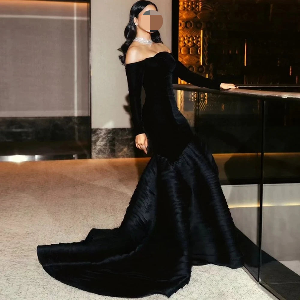 Bela Black Organza Evening Dresses Customized Strapless Long Sleeves Prom Dress Temperament Court Train Celebrity Gowns