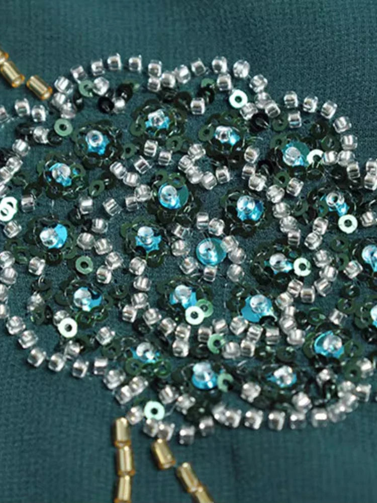 Isabella V-Ausschnitt Kurzarm Pailletten Perlen hohe Taille Vintage Kleid