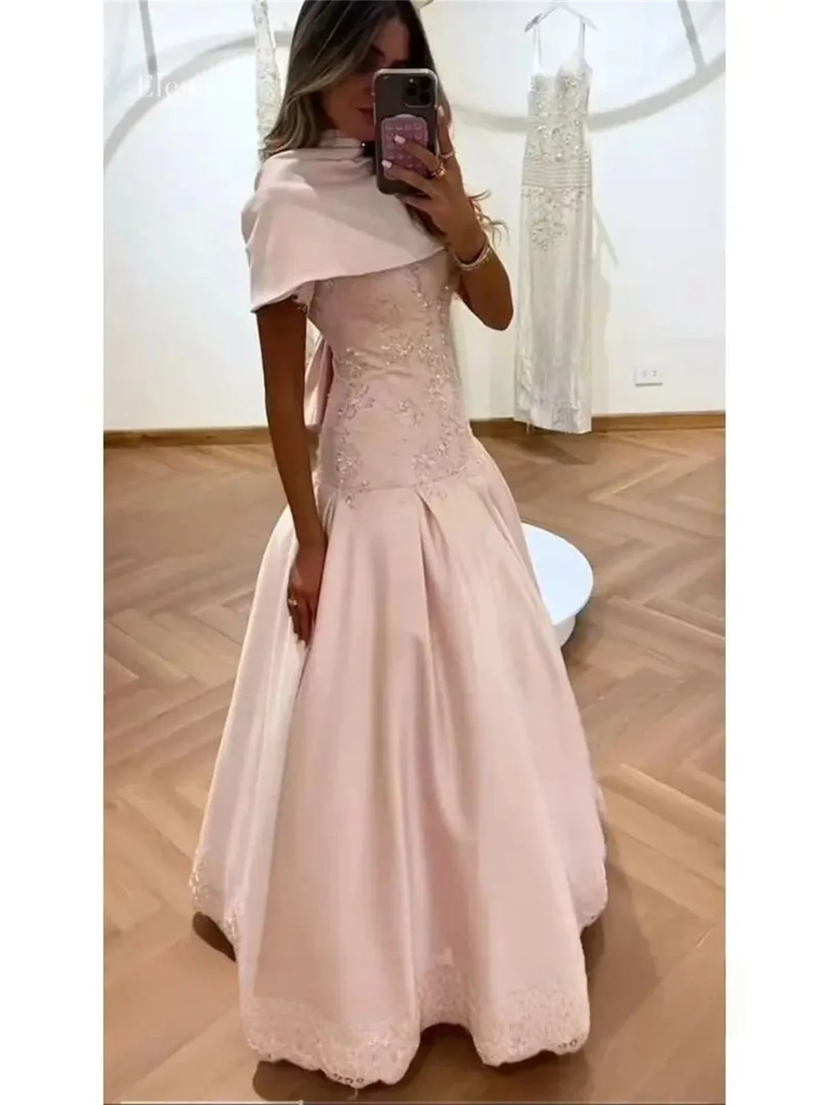Elena Satin High Pink Ball Gown Elegant Evening Gown Blush Detachable Capelet Dress