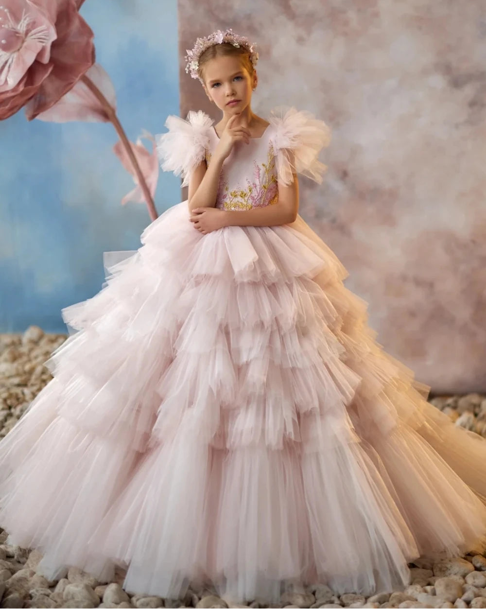 Ginary Luxurious Beaded Tiered Tulle Long Wedding Party Gown Dress