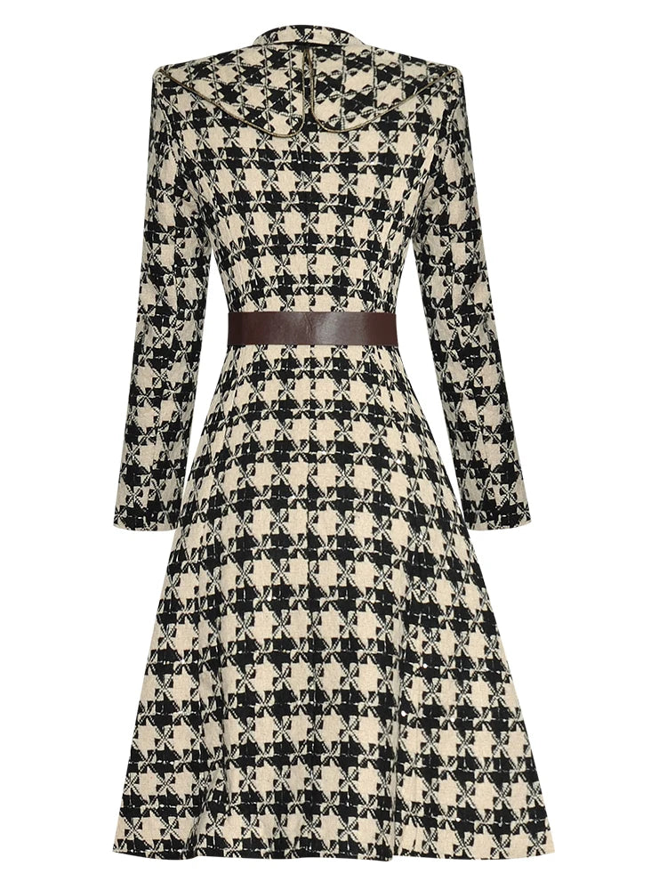 Emmeline Single-breasted Belted Long Sleeve Houndstooth Printed Casual Dress