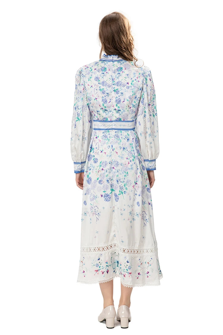 Veda Lantern Sleeve Frenulum High Waist Lace Spliced Slim Long Dress