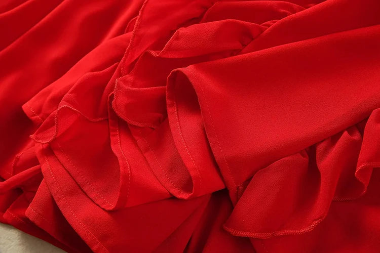 Darcie V-Neck Flying Sleeve Ruffles Red Vintage High Waist Dress