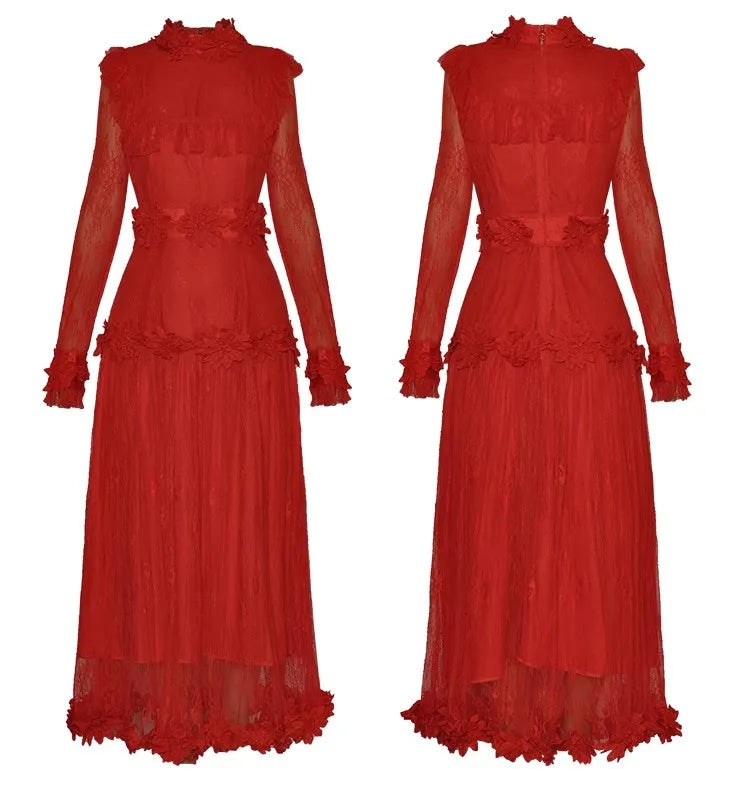 Niccola Stand Collar Long Sleeves Appliques Red Vintage Party Dress