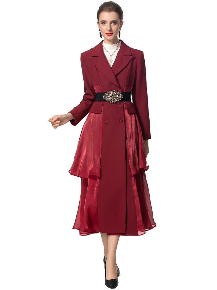 Azalea Notched Long Sleeve Single Breasted Diamonds Sashes Solid Color Office Lady Outerwear