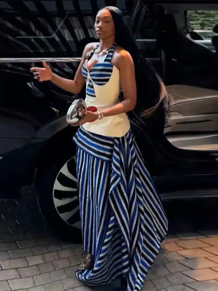 Striped Halter Corset Top Maxi Skirt Two Piece Set