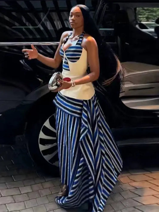 Striped Halter Corset Top Maxi Skirt Two Piece Set