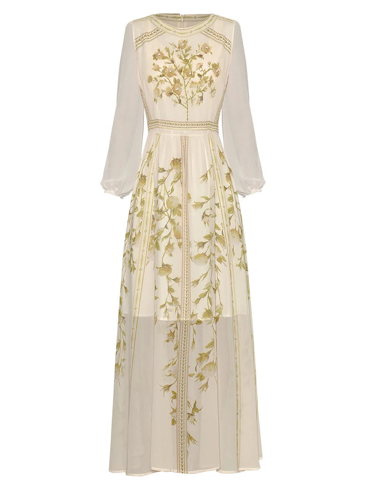 Anahi Vintage Temperament Print Beading Lantern Sleeve Chiffon Elegant Princess Dress