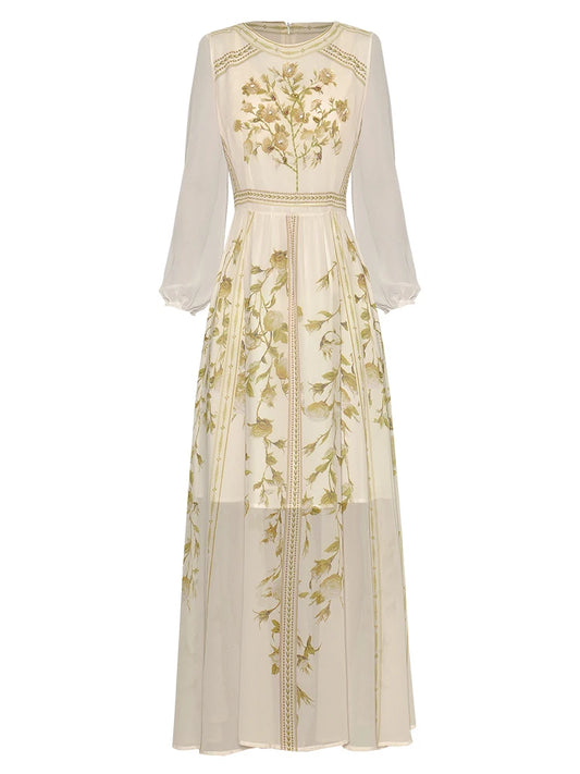 Anahi Vintage Temperament Print Beading Lantern Sleeve Chiffon Elegant Princess Dress