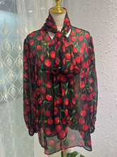 Load image into Gallery viewer, 100% Silk Blouses Lace-up Collar Lantern Sleeve Cherry Print Shirt