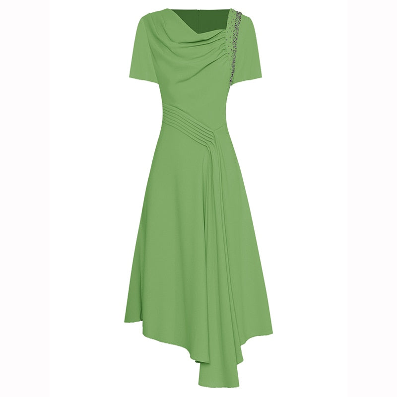 Betty Asymmetrical Short Sleeve Folds Beading Dress