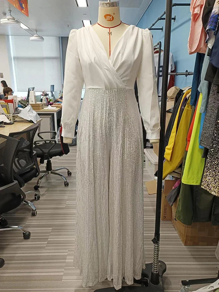 Taru Splice Sequins Maxi Dresses For Women Fashion Folds Loose V Neck Elegant Dress Femme Party Evening Dresses Luxury 2023