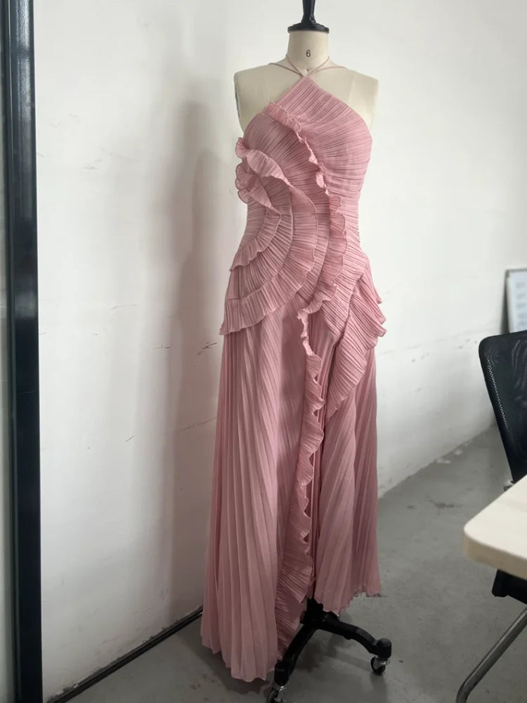 Linda Pleated Halter Neck Long Vacation Dress