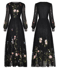 Load image into Gallery viewer, Molly Sequins Lace Dress Women O-Neck Lantern Sleeve Floral Embroidery Black Vintage Dress