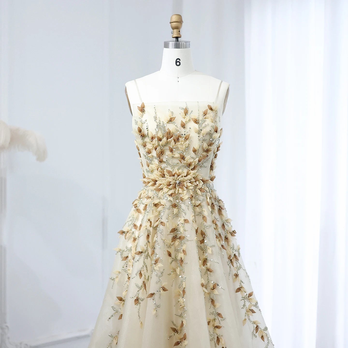 Elegant Beige with 3D Floral Embroidery A-Line  Luxury Dress