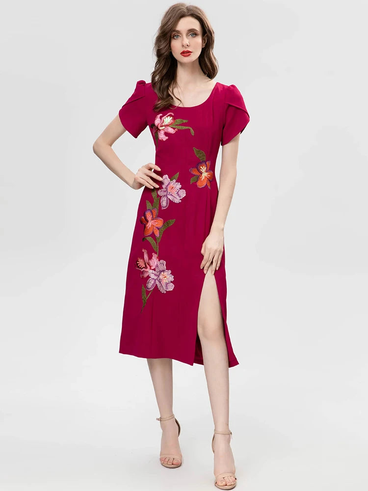 Marvis Round Neck Short Sleeve Burgundy Embroidered Sequin Slit Tribal Ethnic Style Dress