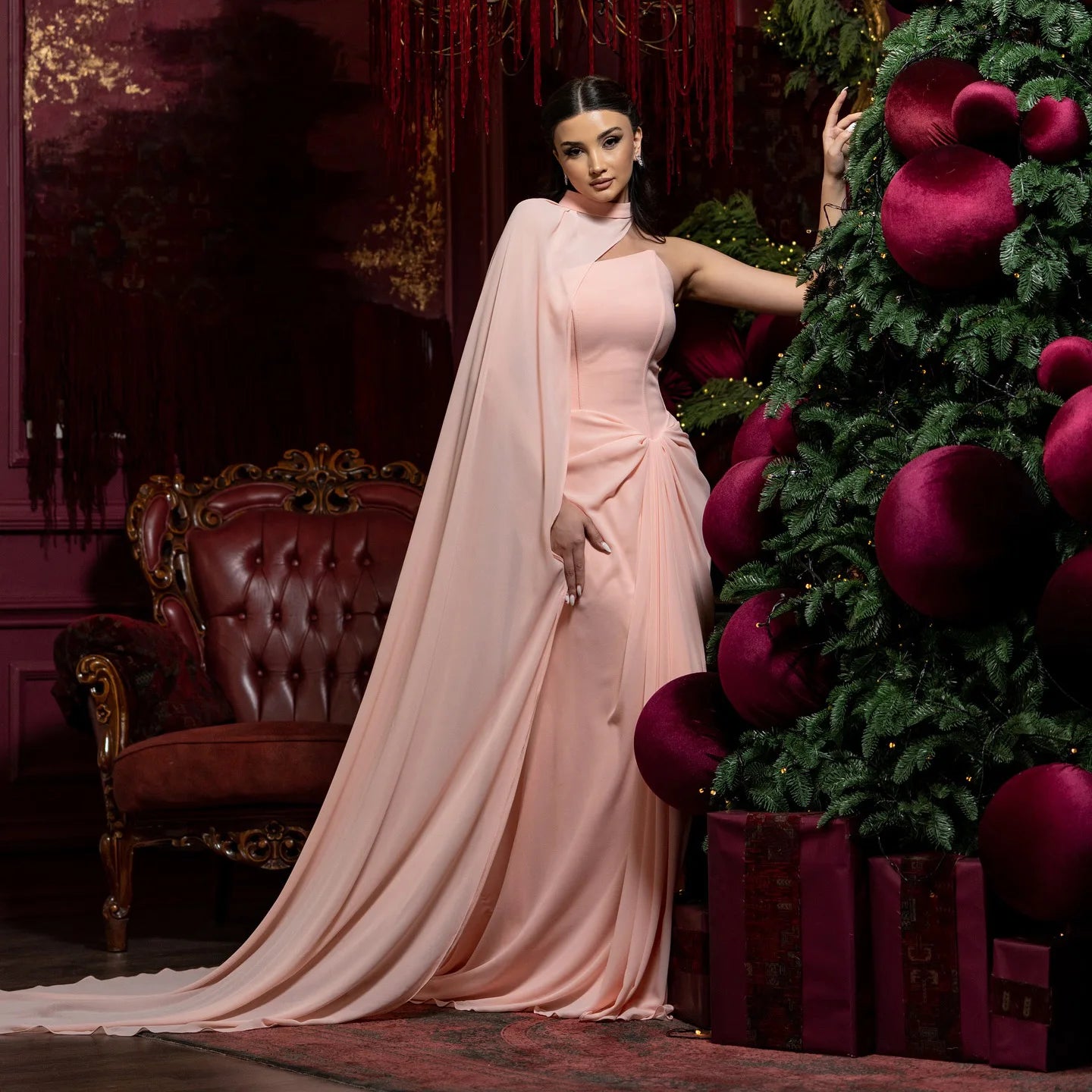 Breka Blush Pink Pleated Mermaid Evening Dress