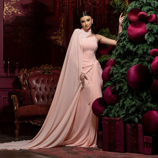 Breka Blush Pink Pleated Mermaid Evening Dress