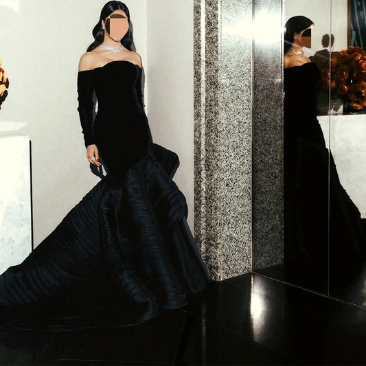 Bela Black Organza Evening Dresses Customized Strapless Long Sleeves Prom Dress Temperament Court Train Celebrity Gowns