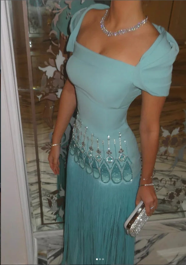 Katarina Prom Dress  Square Neck Short Sleeves Crystal Turquoise Evening Gown