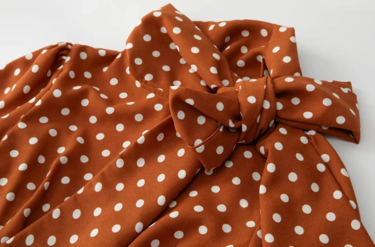 Rita Lace-up Stand Collar Long Sleeve Dot Print Ruffles Vintage Dress