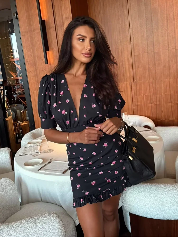 Fiona Floral Print Casual V-neck Puff Sleeve Waistband Ruffle Hem Mini Dress