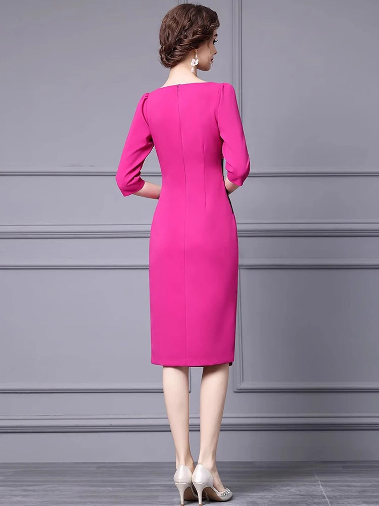 Amiri Spring Pencil  O-Neck Half Sleeve Sequins Appliques Folds Office Lady Dress