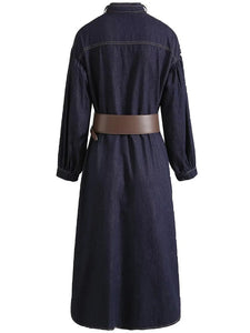 Malani Early Autumn Blue Denim Dress Women Stand Collar Belt Pockets Single Breasted Casual Loose Dress