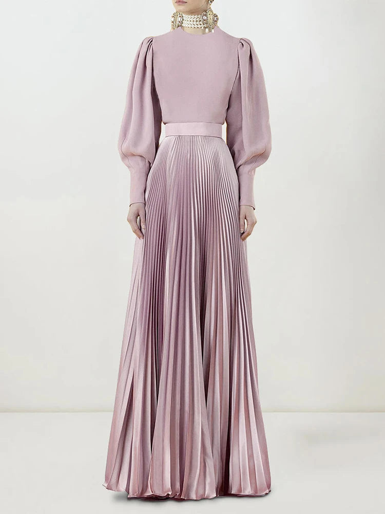 Amanda Pleated Satin Gown Long Dress