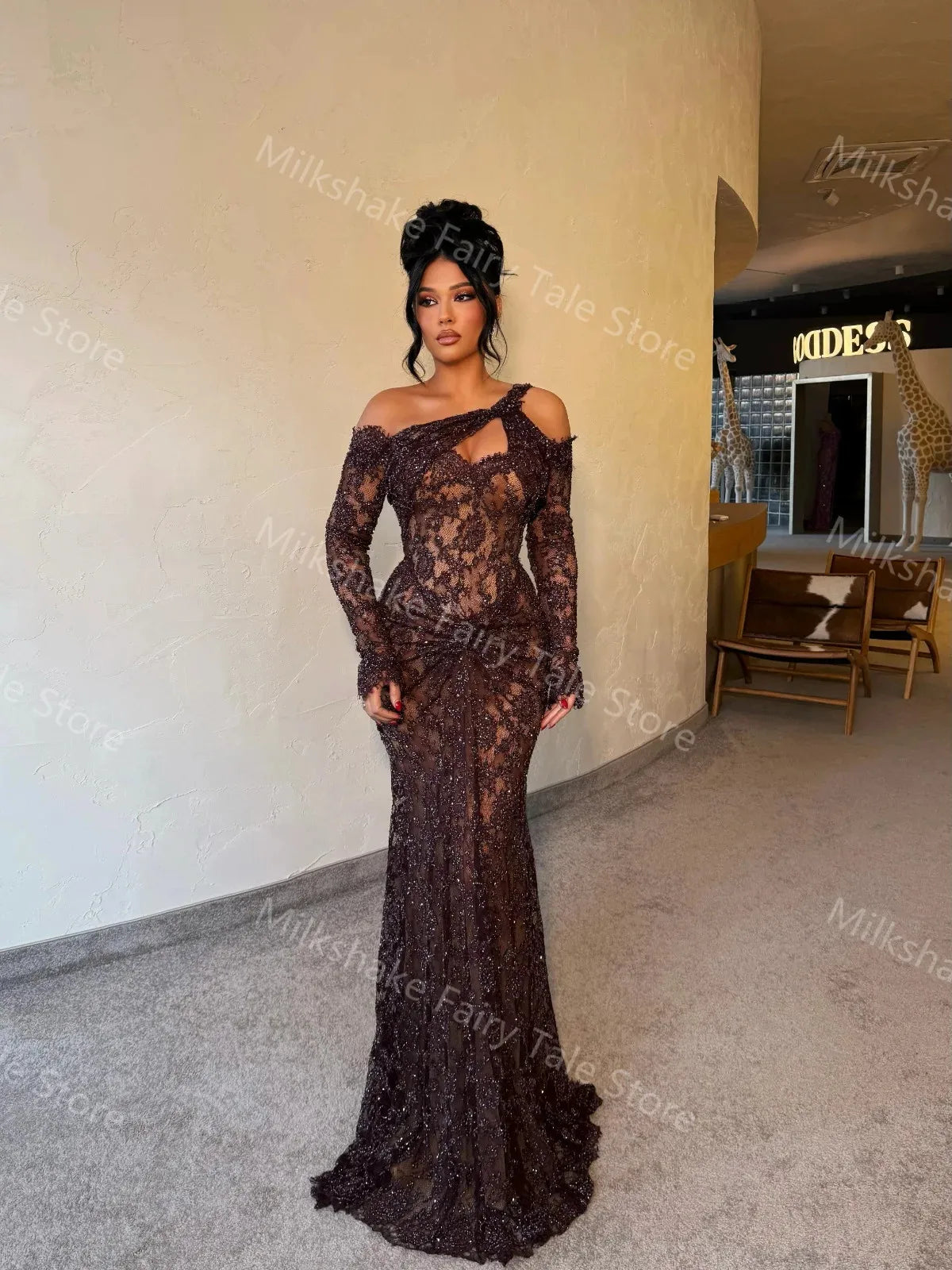 Elise Black Women Evening Dresses Lace Long Sleeves Prom Gowns